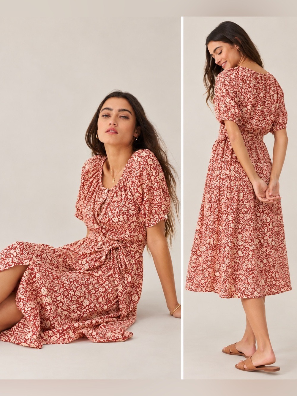 Faherty Carmel Spice Sunrise Floral Organic Cotton Midi Dress Size L